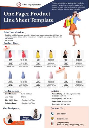 One Pager Product Line Sheet Template Presentation Report Infographic ...