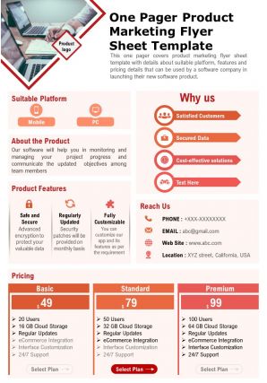 One pager product marketing flyer sheet template presentation report infographic ppt pdf document