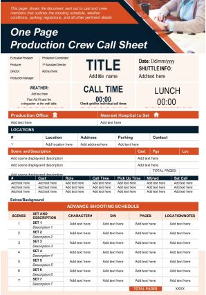 One pager production crew call sheet presentation report infographic ppt pdf document