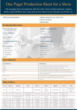 One pager production sheet for a show presentation report infographic ppt pdf document