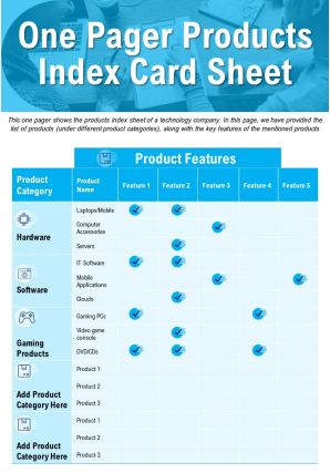 One pager products index card sheet presentation report infographic ppt pdf document