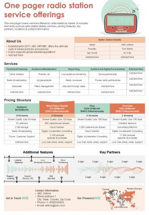 One Pager Radio Station Service Offerings Presentation Report Infographic PPT PDF Document