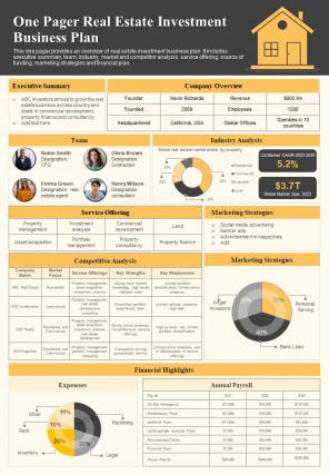 One Pager Real Estate Investment Business Plan Presentation Report Infographic PPT PDF Document
