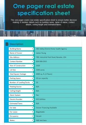 One Pager Real Estate Specification Sheet Presentation Report Infographic Ppt Pdf Document