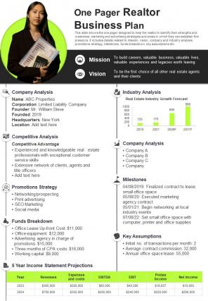 One Pager Realtor Business Plan Presentation Report Infographic PPT PDF Document