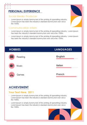 One Pager Resume For Experienced Software Engineer Presentation Report Infographic Ppt Pdf Document