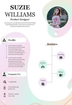 One Pager Resume For Professional Product Designer Presentation Report Infographic Ppt Pdf Document