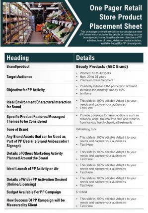 One pager retail store product placement sheet presentation report infographic ppt pdf document