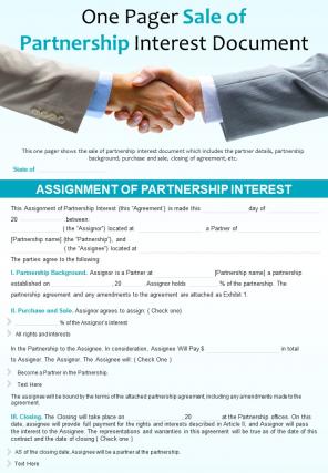One pager sale of partnership interest document presentation report infographic ppt pdf document