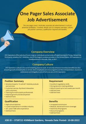 One Pager Sales Associate Job Advertisement Presentation Report Infographic PPT PDF Document