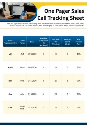 One pager sales call tracking sheet presentation report infographic ppt pdf document