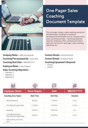 One pager sales coaching document template presentation report infographic ppt pdf document