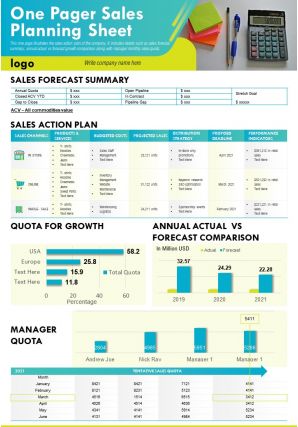 One pager sales planning sheet presentation report infographic ppt pdf document