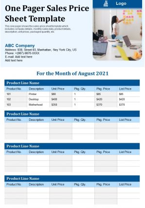 One Pager Sales Price Sheet Template Presentation Report Infographic PPT PDF  Document | Presentation Graphics | Presentation PowerPoint Example | Slide  Templates