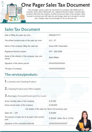 One pager sales tax document presentation report infographic ppt pdf document