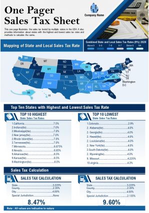 One pager sales tax sheet presentation report infographic ppt pdf document