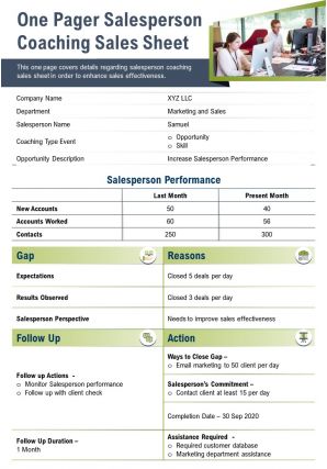 One pager salesperson coaching sales sheet presentation report infographic ppt pdf document
