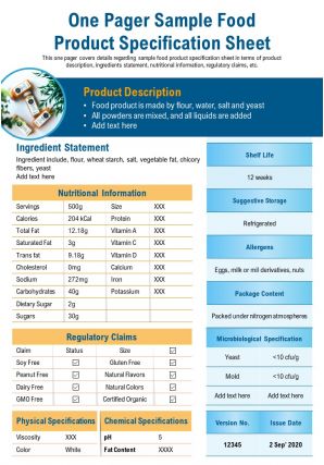 One pager sample food product specification sheet presentation report infographic ppt pdf document