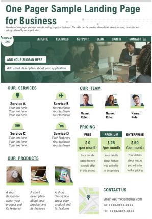 One pager sample landing page for business presentation report infographic ppt pdf document