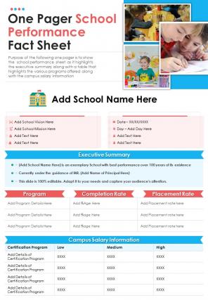 One pager school performance fact sheet presentation report infographic ppt pdf document