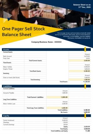 One pager sell stock balance sheet presentation report infographic ppt pdf document