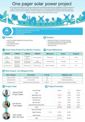 One Pager Solar Power Project Presentation Report Infographic PPT PDF Document