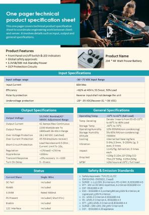 One Pager Technical Product Specification Sheet Presentation Report Infographic Ppt Pdf Document