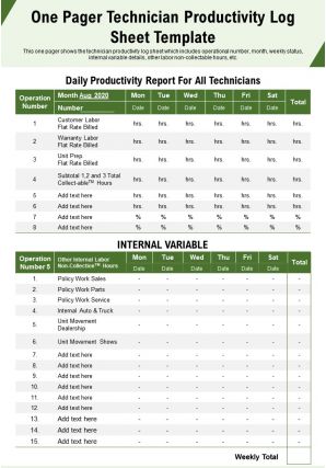 One pager technician productivity log sheet template presentation report infographic ppt pdf document