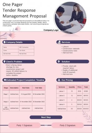 One Pager Tender Response Management Proposal Presentation Report Infographic PPT PDF Document