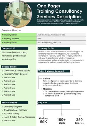 One Pager Training Consultancy Services Description Presentation Report Infographic Ppt Pdf Document