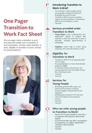 One pager transition to work fact sheet presentation report infographic ppt pdf document
