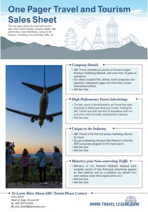 One pager travel and tourism sales sheet presentation report infographic ppt pdf document