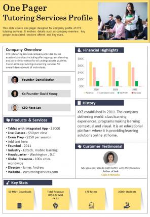 One Pager Tutoring Services Profile Presentation Report Infographic Ppt Pdf Document