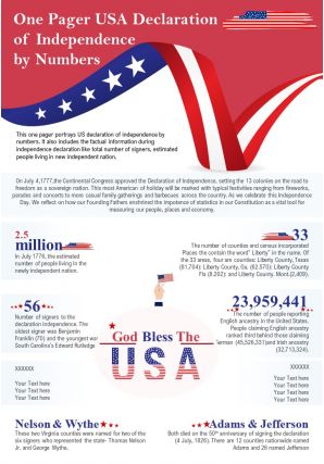 One pager usa declaration of independence by numbers presentation report infographic ppt pdf document