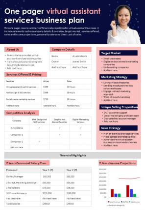 One Pager Virtual Assistant Services Business Plan Presentation Report Infographic PPT PDF Document