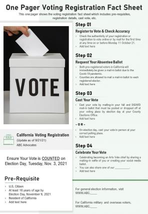 One pager voting registration fact sheet presentation report infographic ppt pdf document