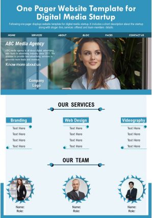 One pager website template for digital media startup presentation report infographic ppt pdf document