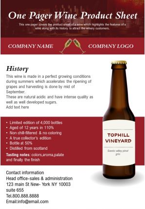 One pager wine product sheet presentation report infographic ppt pdf document