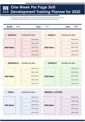 One week per page skill development training planner for 2020 presentation report infographic ppt pdf document