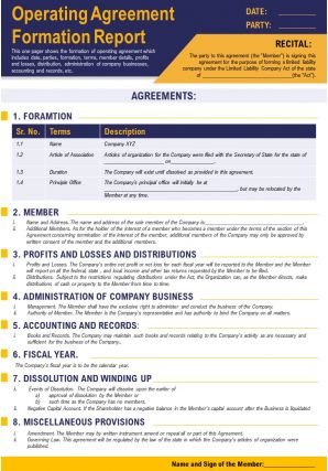 Operating agreement formation report presentation report infographic ppt pdf document