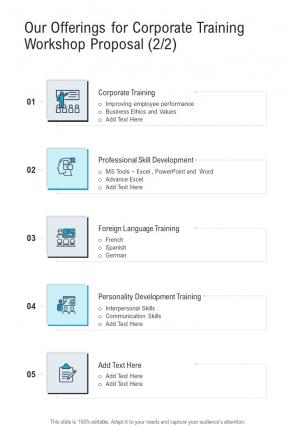 Our Offerings For Corporate Training Workshop Proposal One Pager Sample Example Document