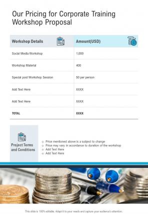 Our Pricing For Corporate Training Workshop Proposal One Pager Sample Example Document