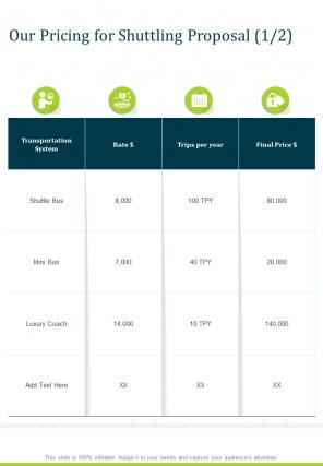 Our Pricing For Shuttling Proposal One Pager Sample Example Document