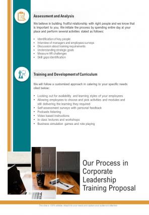 Our Process In Corporate Leadership Training Proposal Contd One Pager Sample Example Document