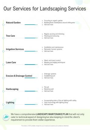 Our Services For Landscaping Services One Pager Sample Example Document