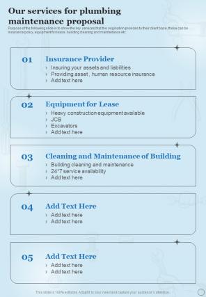 Our Services For Plumbing Maintenance Proposal One Pager Sample Example Document