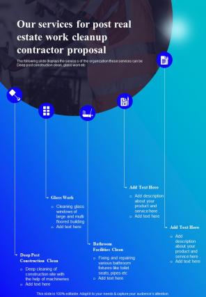Our Services For Post Real Estate Work Cleanup Contractor Proposal One Pager Sample Example Document