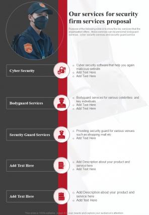 Our Services For Security Firm Services Proposal One Pager Sample Example Document