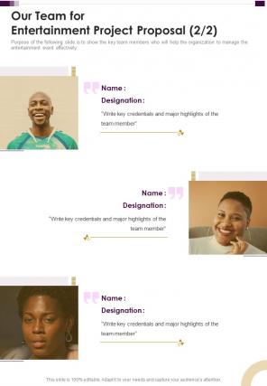 Our Team For Entertainment Project Proposal One Pager Sample Example Document