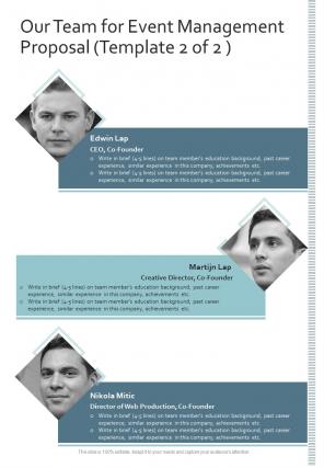 Our Team For Event Management Proposal One Pager Sample Example Document